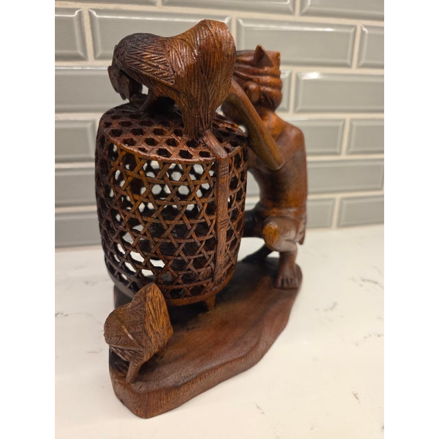 Large 8.5" Mid-Century Balinese Teak Cockfighter With Tripple-Rooster Openwork Cage Masterwork For Sale - Image 9 of 12