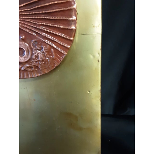 Mixed Metal Sculpture Brutalist Style sculpture in style of Stephen Chun. Brass and copper patina mounted on plywood, with...