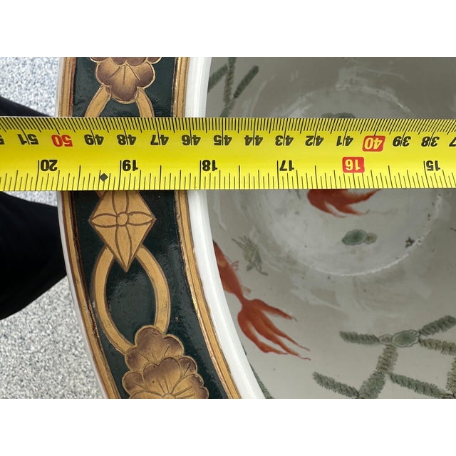Vintage Oriental Accent Hand-Painted Asian Fishbowl Cachepot With Carved Hardwood Stand For Sale - Image 10 of 15