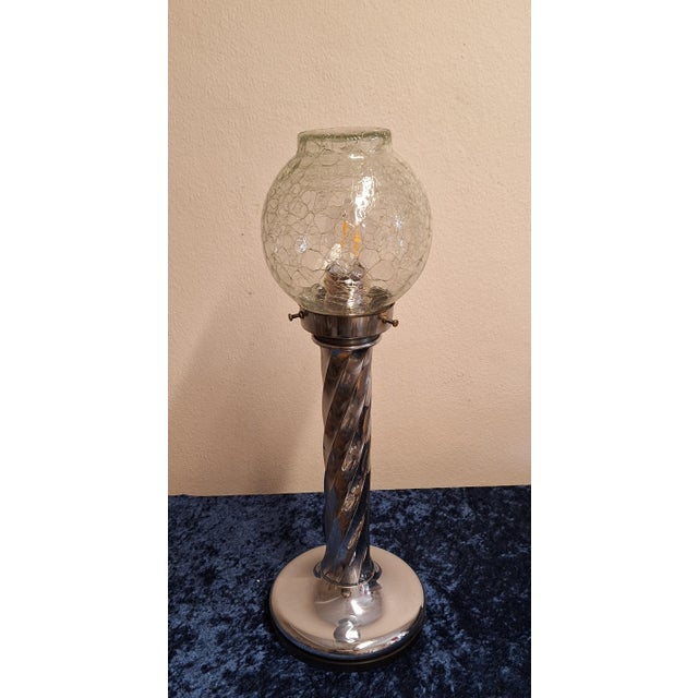 Vintage Table Lamp with Twisted Chrome-Plated Metal Base and Clear Ice Glass Shade by Ruf-Design, 1970s For Sale - Image 4 of 8