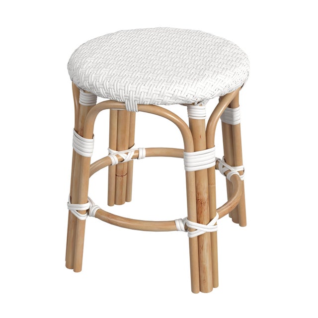 Wood Tobias 18 in. Seat Height Round Rattan Dining Stool, Glossy White/ Natural Rattan Frame For Sale - Image 7 of 7