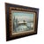 Vintage signed oil painting on canvas depicting a snow-covered rural landscape with a rustic cabin, split-rail fence, bare...