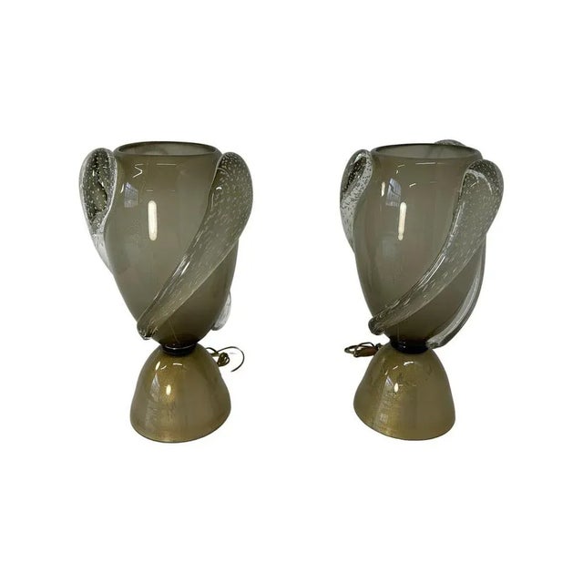 Art Deco Italian Grey and Gold Leaf Murano Glass Vase Lamps, 2000s, Set of 2 For Sale - Image 11 of 11