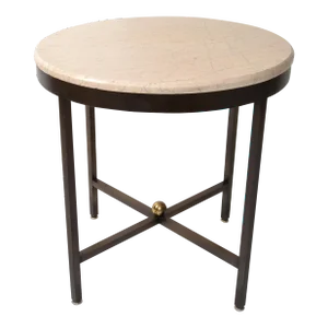 Mid-20th Century Italian Bronze Brass Beveled Round Tan Stone Top Side Table