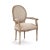 Round back arm chair upholstered in natural linen, padded arms on limed grey oak frame.