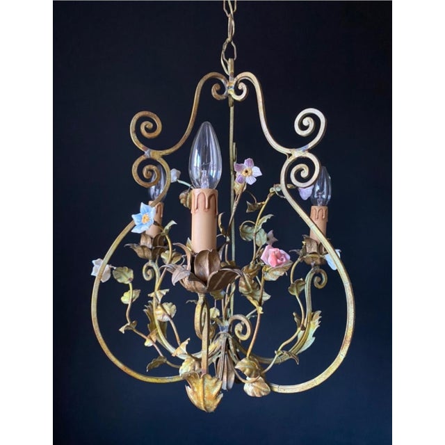 Iron and Ceramic Chandelier, 1960s For Sale - Image 4 of 12