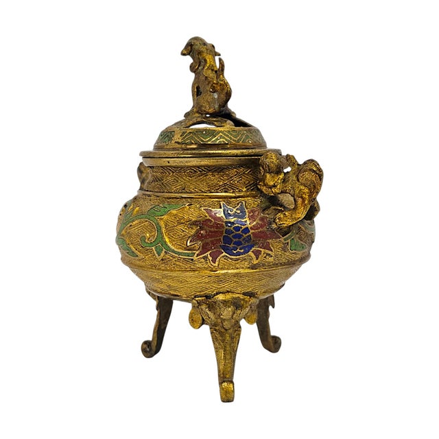 Mid-20th Century Japanese Champlevé Enamel Tripod Koro With Shishi Finial For Sale In San Francisco - Image 6 of 13