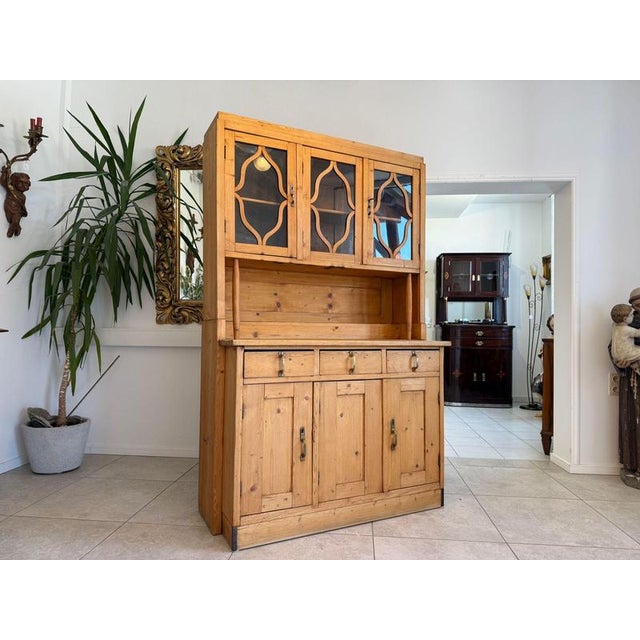 Original 2-piece Art Nouveau kitchen buffet/sideboard, natural wood. External dimensions: Height x Width x Depth 198 x 125...