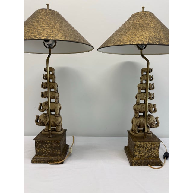 1980s Pair of Vintage Elephant Table Lamps With Pagoda Shades For Sale - Image 5 of 12
