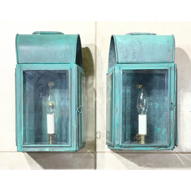 Pair of Antique Verdigris Copper Wall Lanterns – Converted & Electrified For Sale - Image 16 of 17