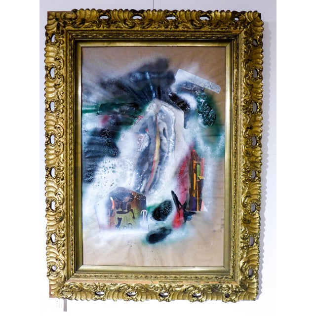 Original abstract paper collage of mixed-media and paint. Signed. Frame size 23L x 30H x 2W. No glass.