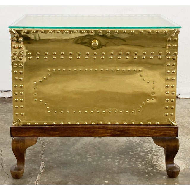Hollywood Regency Vintage Riveted Brass Trunk on Footed Wood Stand For Sale - Image 3 of 12