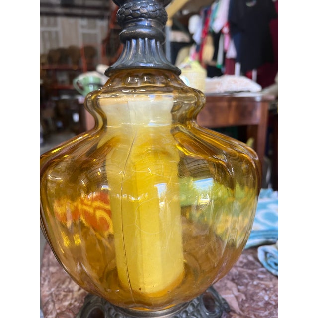 1970s Mid Century Modern Yellow Bulbous Glass and Metal Table Lamp For Sale - Image 11 of 12