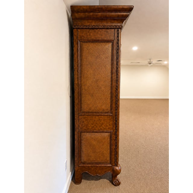 Monumental Carved Wood Home Bar Armoire With Mirrored Interior, Wine Storage & Mini Fridge For Sale - Image 4 of 14