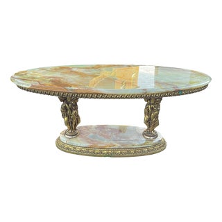 Oval Brass and Onyx Marble Console Coffee Table with Greek Nymphs, 1960s For Sale