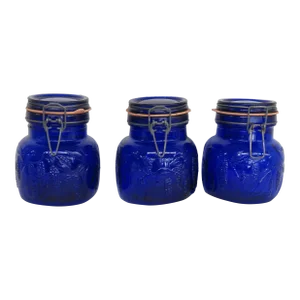 Crownford Giftware Italy Cobalt Blue 3 Canisters Hinged Lid Grape Leaves