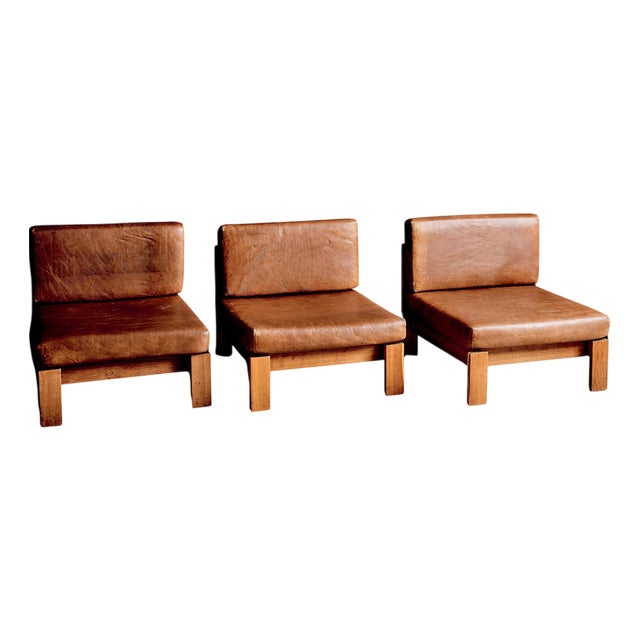 Modular Lounge Chairs in Oak and Leather, Germany, 1970s, Set of 3 For Sale