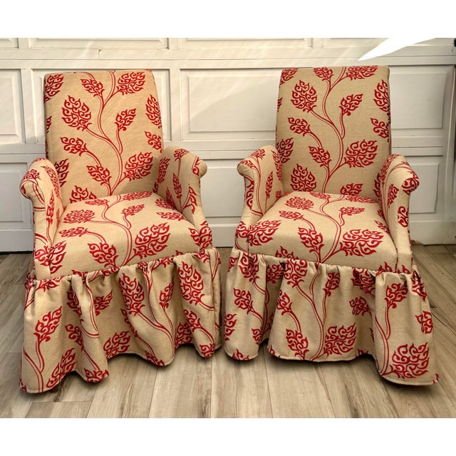 Textile Pair of Vintage Skirted Swan Arm Chairs With Red Embroidered Textile For Sale - Image 7 of 15