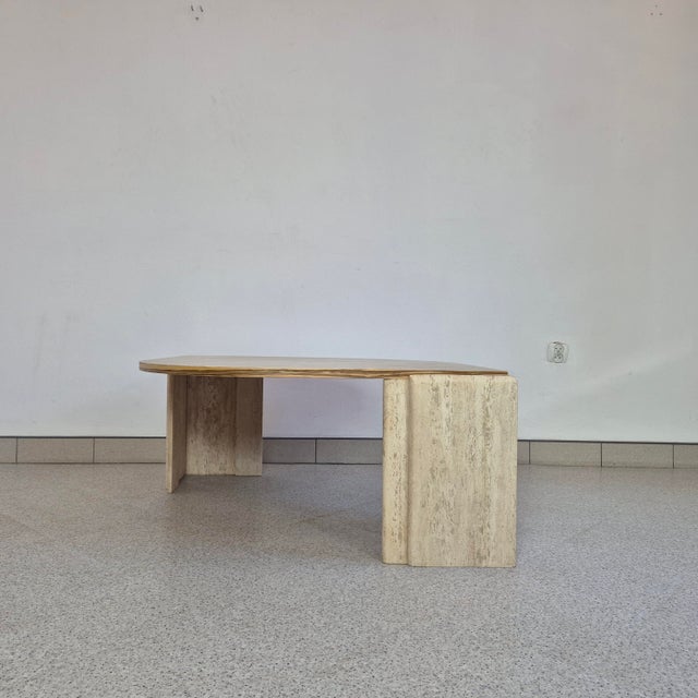 Mid-Century Coffee Table in Travertine and Olive Wood Veneer, 1970s, in Flawless conditions. Designed 1970 to 1979