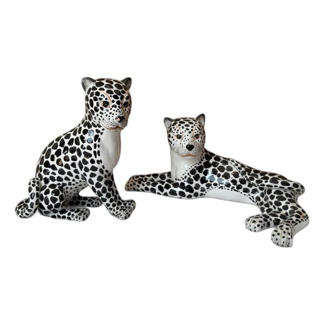 1970s Italian Black & White Majolica Snow Leopard Figurines – Pair For Sale