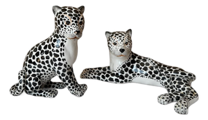 1970s Italian Black & White Majolica Snow Leopard Figurines – Pair