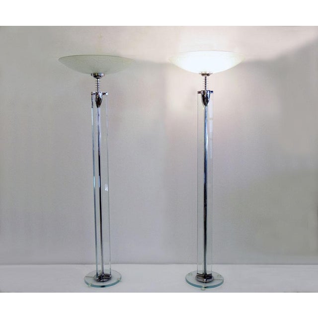 Fontana Arte design Pietro Chiesa, a very rare pair of crystal floor lamps, 1930s. Thick beveled crystal base and...