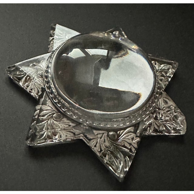Glass Antique 1920s Art Deco 7 Point Star Heavy Glass Paperweight Magnifying Glass For Sale - Image 7 of 12