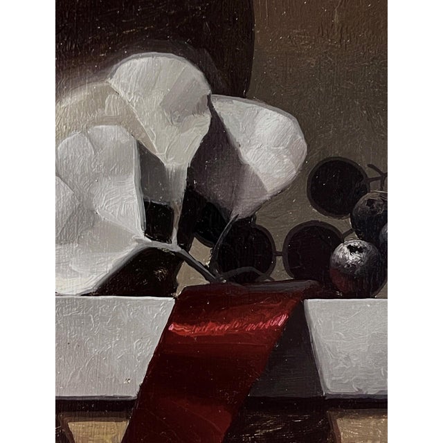 Early 21st Century Dust & Scarlet by Blair Atherholt | Oil on Panel Still life with a jug, grapes, and fabric ribbons. For Sale - Image 5 of 5