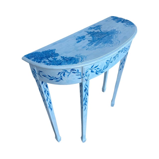 Vintage Italian Demi-Lune Chinoaserie Hand Painted Console. For Sale - Image 4 of 5