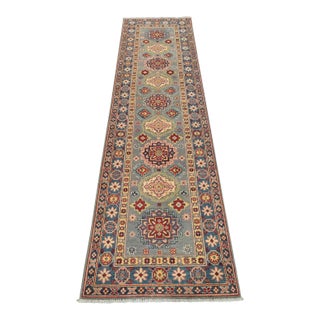 Kazak Runner 2’9” X 9’9” Gray Wool Tribal Hand-Knotted Oriental Rug For Sale