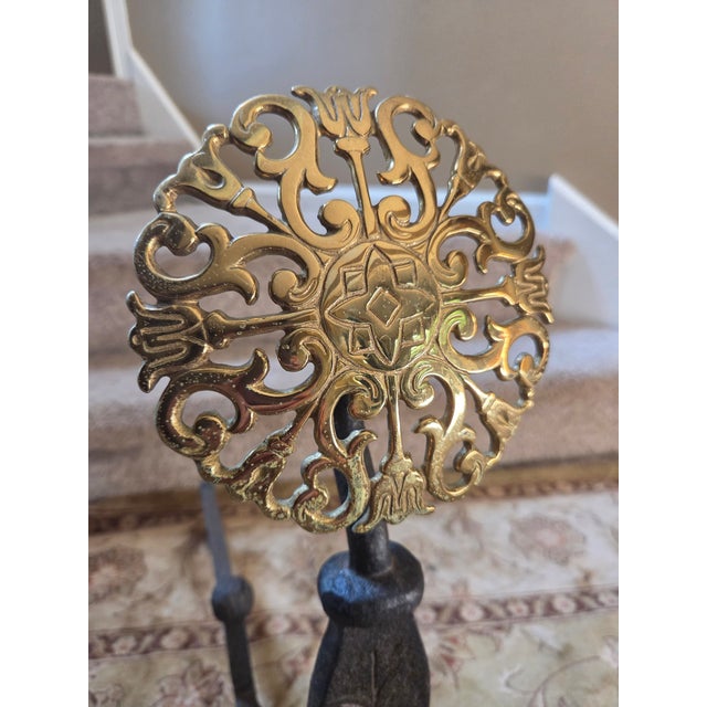 Mid 20th Century Vintage Virginia Metal-Crafters Iron With Brass Medallions Andirons - A Pair For Sale - Image 5 of 9