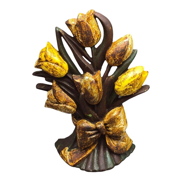 Antique Cast Iron Yellow Tulip Flower Bouquet Doorstop For Sale