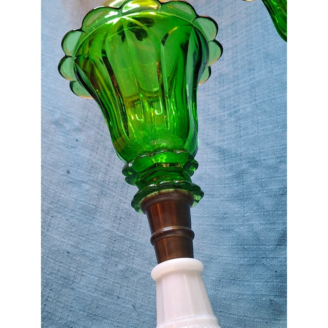 Metal Antique Emerald Green Glass Whale Oil Lamps Milk Glass Base Eapg 13.5" - a Pair For Sale - Image 7 of 9