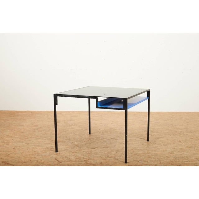 Coffee Table in Black Lacquered Metal Square Tube and Glass Top with Blue Metal Shelf For Sale - Image 11 of 11