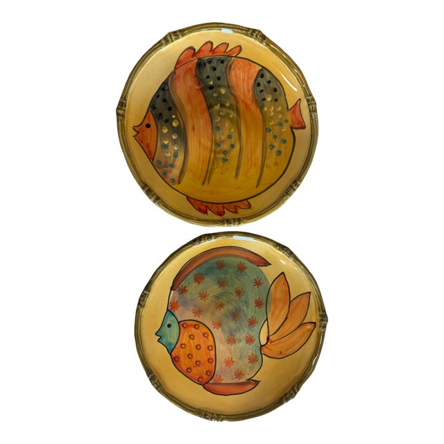 Pair of Vintage Italica Ars Hand-Painted Fish Plates – Italian Ceramic Art Pottery For Sale