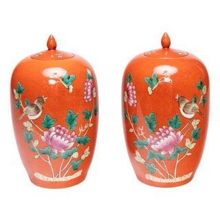 Pair of Petite Chinese Persimmon Peony Jars, C. 1920 For Sale