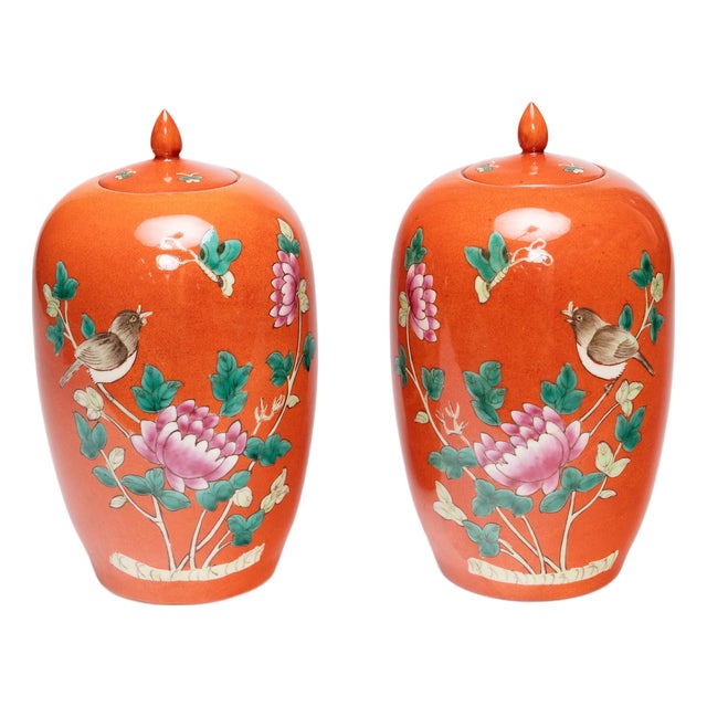 Pair of Petite Chinese Persimmon Peony Jars, C. 1920 For Sale