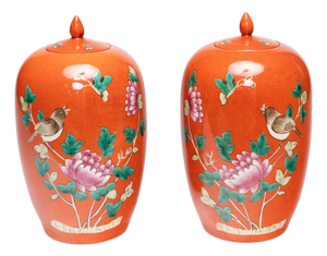 Pair of Petite Chinese Persimmon Peony Jars, C. 1920