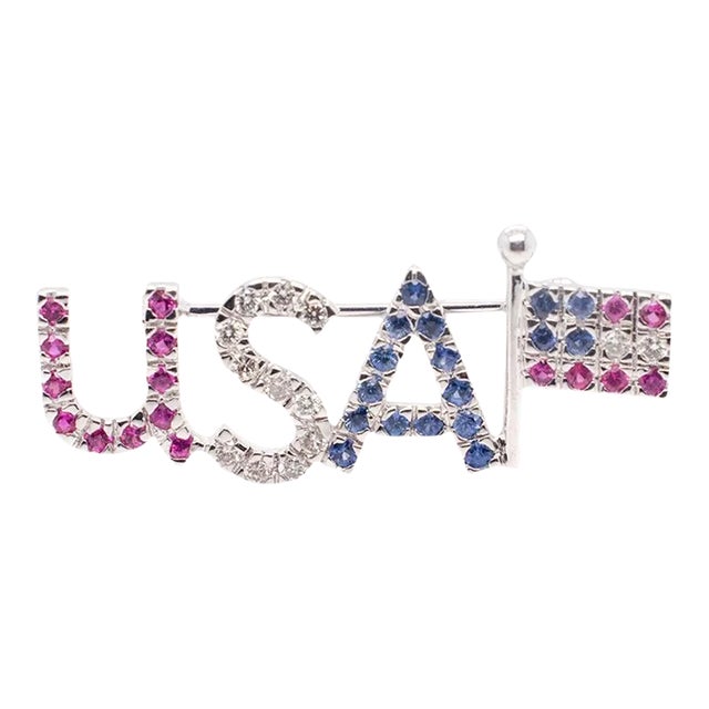 Vintage Patriotic 18k White Gold, Diamond, and Spinel Usa Flag Brooch or Pin For Sale