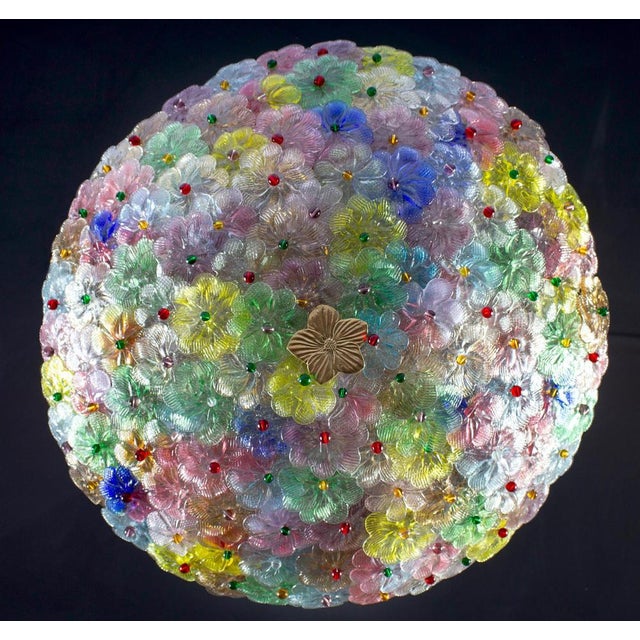 Amazing Mid-Century Modern hand blown Italian flush mount chandelier featuring overlapping multi-color crystal flowers,...
