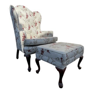 Ethan Allen Newly Re-Upholstered Club Chair and Ottoman With Antimacassar's- 2 Pieces For Sale
