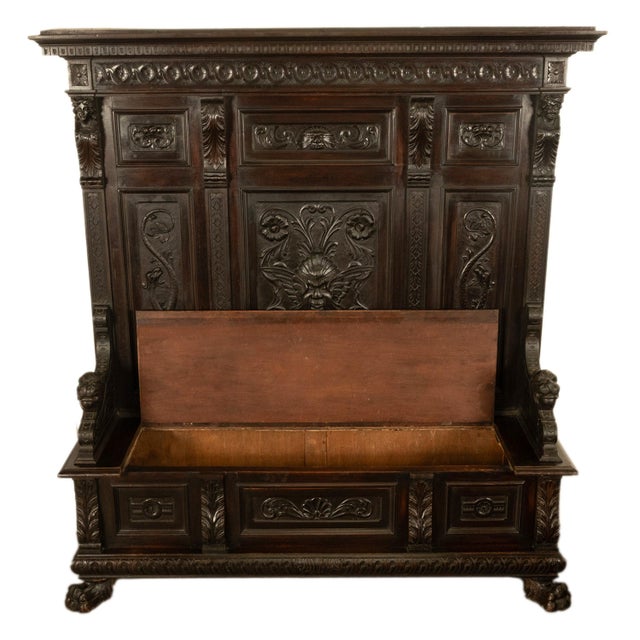 Wood Antique 19th Century Italian Renaissance Revival Carved Hall Bench Storage Settle 1880 For Sale - Image 7 of 15