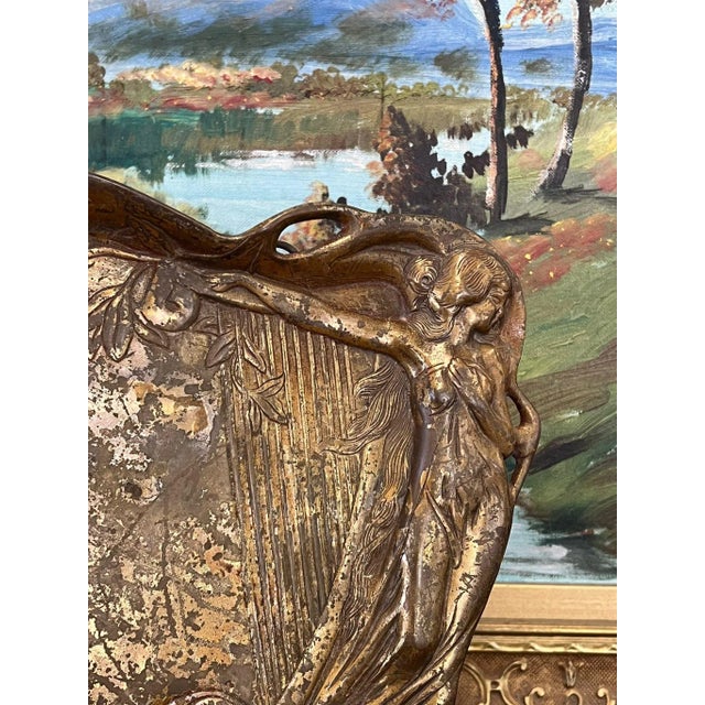 1970s Art Nouveau Shallow Possibly Brass Dish, Woman With Harp For Sale - Image 4 of 8
