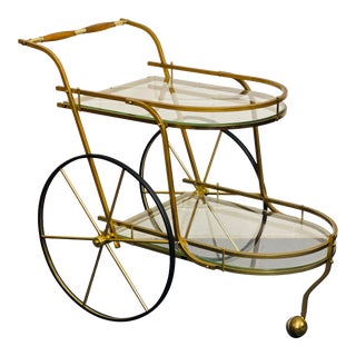 Vintage Mid Century Hollywood Regency Italian Brass Bar Cart For Sale