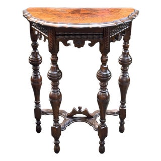 Early 20th Century Carved Jacobean Inlaid Petite Demi Lune Table For Sale