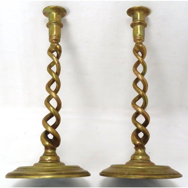 Jacobean Antique 13 Inch Brass Jacobean Open Rope Twist Candlesticks a Pair For Sale - Image 3 of 13