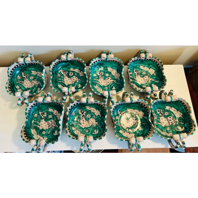 Vintage Italian vietri pottery earthenware hand painted salad set, service for eight (8). Set features eight bowls and one...