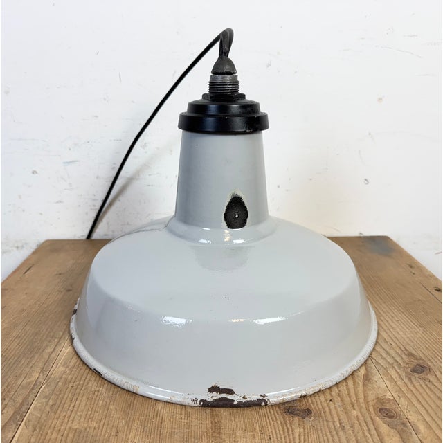 Industrial Grey Enamel Factory Pendant Lamp, 1960s For Sale - Image 12 of 17