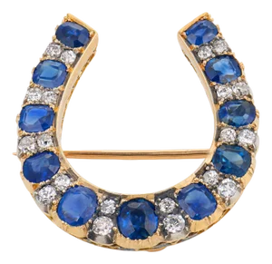 Late 19th Century Victorian 9.20 Carat Sapphire Diamond 18k Yellow Gold Silver Horseshoe Brooch