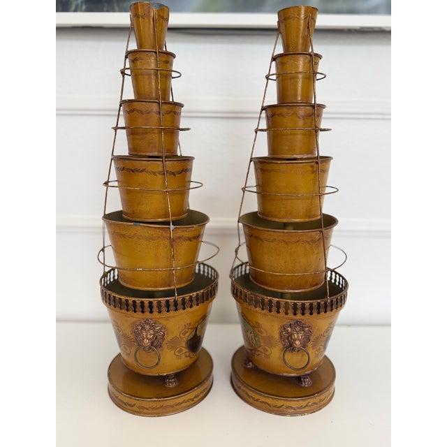 Pair of Antique French Tole Tulipieres With Hand-Painted Scenic Panels For Sale - Image 10 of 17
